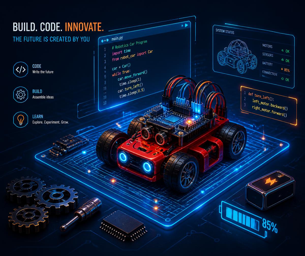 Glowing circuit board, robot car model and floating code representing hands-on engineering lessons